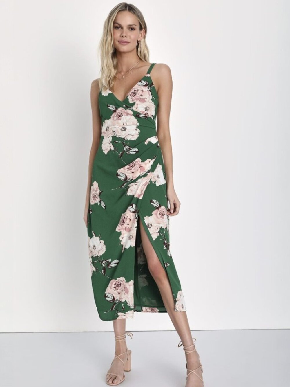 Lulus Draw You Close Green Floral Sleeveless Surplice Midi Dress NWT
